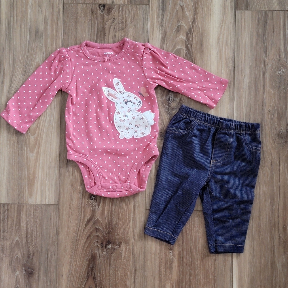 Carter's Baby Girl Polka Dot Bunny Onesie and Blue Pants Set, Pink, 3 Months